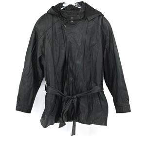 Vtg WILSONS Leather Coat Mens L Black Removable‎ Hood Belted Faux Fur Lined 80s